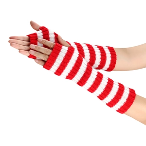 Unisex red and white striped knit fingerless arm warmers for autumn and winter