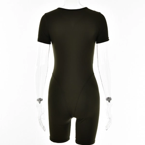 Rear view of a slim-fit dark olive green short-sleeved bodysuit on a clear mannequin