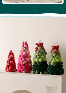 Detail of colorful plush ball Christmas trees with bow toppers on a white mantel