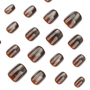 Short square brown cat eye press-on nails with gradient shimmer and glossy finish