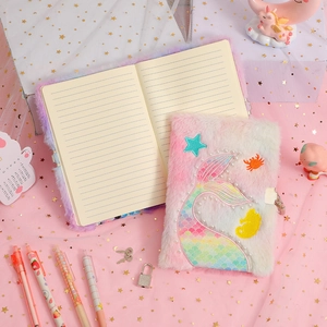 Rainbow plush mermaid tail diary with lock and keys, featuring soft faux fur and inner pages