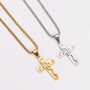 Minimalist double layer cross pendant necklace in gold and silver with square pearl chain