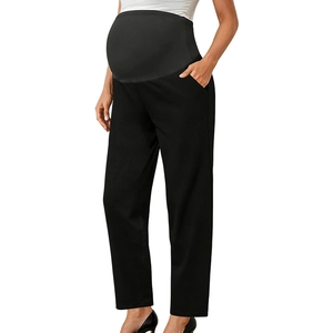 High-waisted black maternity pants with belly support design for a casual straight fit