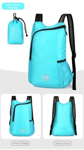 Detail view of foldable cyan hiking backpack with mesh straps and matching storage pouch