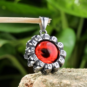 Vintage punk silver steel devil eye pendant with roman numerals and a red core