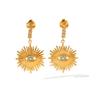 18k gold plated stainless steel devil eye earrings with sparkling sunburst zircon crystals