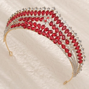 Luxurious gold alloy bridal crown with red teardrop rhinestones for wedding parties