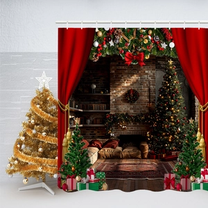 Detail view of festive Christmas shower curtain with red curtains and lit tree scene