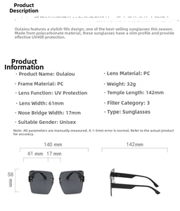 Detailed sizing chart for large frameless square sunglasses with UV400 protection