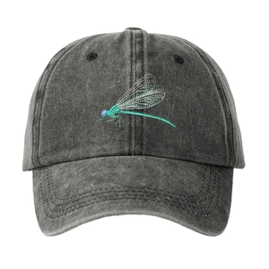 Washed dark grey baseball cap with detailed blue dragonfly embroidery on pure white background