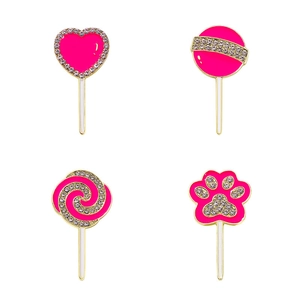 Pink heart and cat paw enamel pins with rhinestones and gold metal frames set