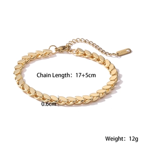 Detail showing 18K gold plated leaf bracelet dimensions and stainless steel tag