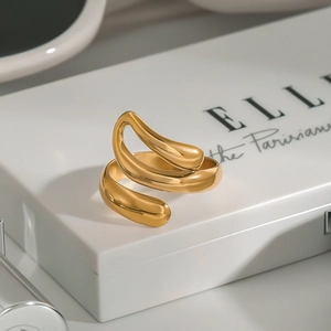 Polished 18K gold-plated stainless steel open ring with fluid twisted wave design