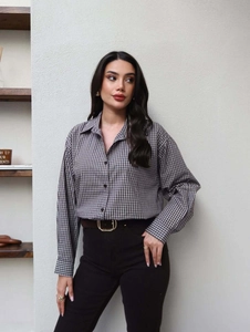 Vintage lapel long sleeve plaid shirt with brown and white check pattern for women