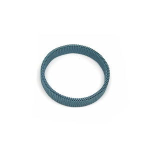 Detailed macro shot of blue stainless steel mesh bracelet with 18K gold plated texture