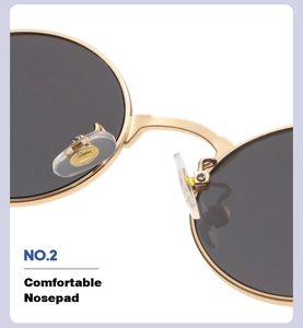 Detail of comfortable silicone nose pads on retro round wood grain sunglasses frames