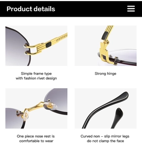 Detailed close-up of rimless sunglasses featuring gold metal hardware and grey gradient lenses