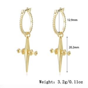 Detail of gold cross hoop earrings showing 12.9mm diameter and 20.2mm pendant length