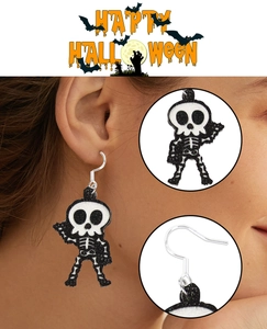 Detail of Halloween skull earrings with glitter texture on model and macro frame views