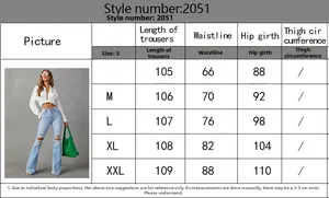 Tableau des tailles pour jeans taille haute à jambes larges avec mesures de longueur et taille