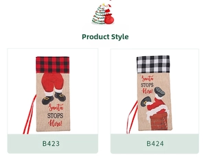 Linen Christmas wine bottle covers with Santa Claus designs and buffalo plaid drawstring closure