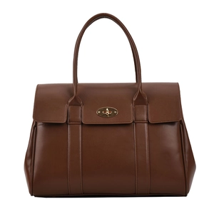 Brown leather large tote bag with gold twist lock and double handles on white background