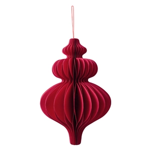3D red honeycomb paper Christmas tree ornament with string on white background