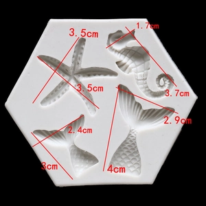 Ocean silicone mold with starfish and mermaid tail shapes, dimensions shown in centimeters