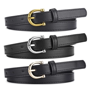 Three minimalist black leather belts for women with gold and silver horseshoe metal buckles