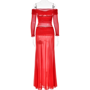 Detail of red mesh sheer off-shoulder long sleeve top and pleated maxi skirt set