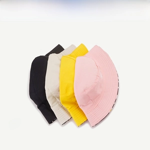 Detail showing four colors of cotton fisherman hats with neat stitching and sun protection