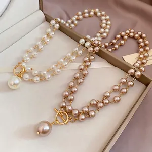 Élégant collier de perles à double rangée avec fermoir à bascule OT et grand pendentif