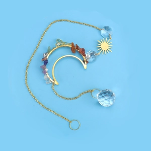 Bohemian moon and sun crystal suncatcher with chakra natural stones and golden chain