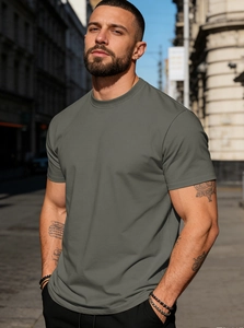 Detail view of men's dark grey cotton T-shirt featuring a ribbed crew neck and premium fabric