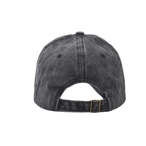 Adjustable brass buckle strap on vintage washed dark grey cotton baseball cap back