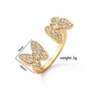 Detailed view of 18K gold plated butterfly ring with micro-pave cubic zirconia and dimensions