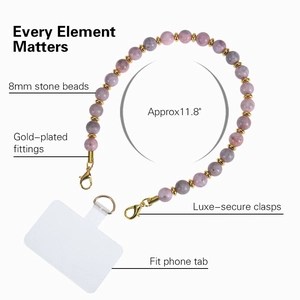 Pink natural stone 8mm bead phone lanyard with gold-plated accents and secure clasp