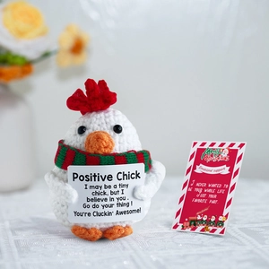 Handmade crochet positive chick toy with inspirational card and festive scarf
