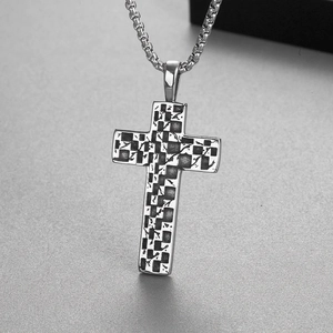 Cross Pendant Necklace Checkerboard Pattern Punk Retro Hip Hop Jewelry Men