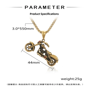 Detailed view of gold motorcycle pendant with red crystals and technical dimensions