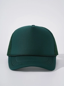 Close-up of a dark green mesh trucker hat featuring a breathable polyester back and curved brim