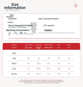 Detailed size guide and fabric specifications for the hooded sports sweatshirt