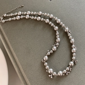 French vintage silver pearl necklace with sparkling zircon cross charms and lobster clasp