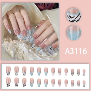 French blue gradient almond press-on nails with zebra pattern set of 24 pieces