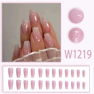 Faux ongles dégradés roses avec paillettes argentées, forme cercueil, 24 pièces W1219