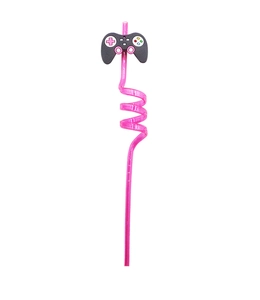 Detailed view of pink spiral reusable straw featuring a black game controller charm