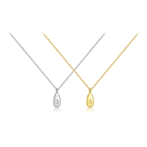 S925 sterling silver pear-shaped drop necklace with engraved starburst and micro stone