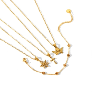 Golden 18k plated stainless steel jewelry set with flower and angel pendants