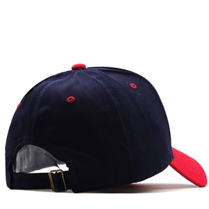 Navy and red baseball cap with USA embroidery and adjustable metal buckle back view