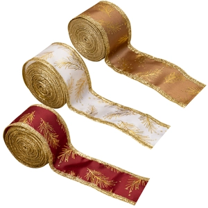 Three rolls of Christmas glitter pine leaf ribbons in gold, white and red with gold edges